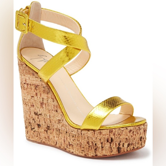 Giuseppe Zanotti Metallic Gold Snakeskin Platform Wedge Sandals